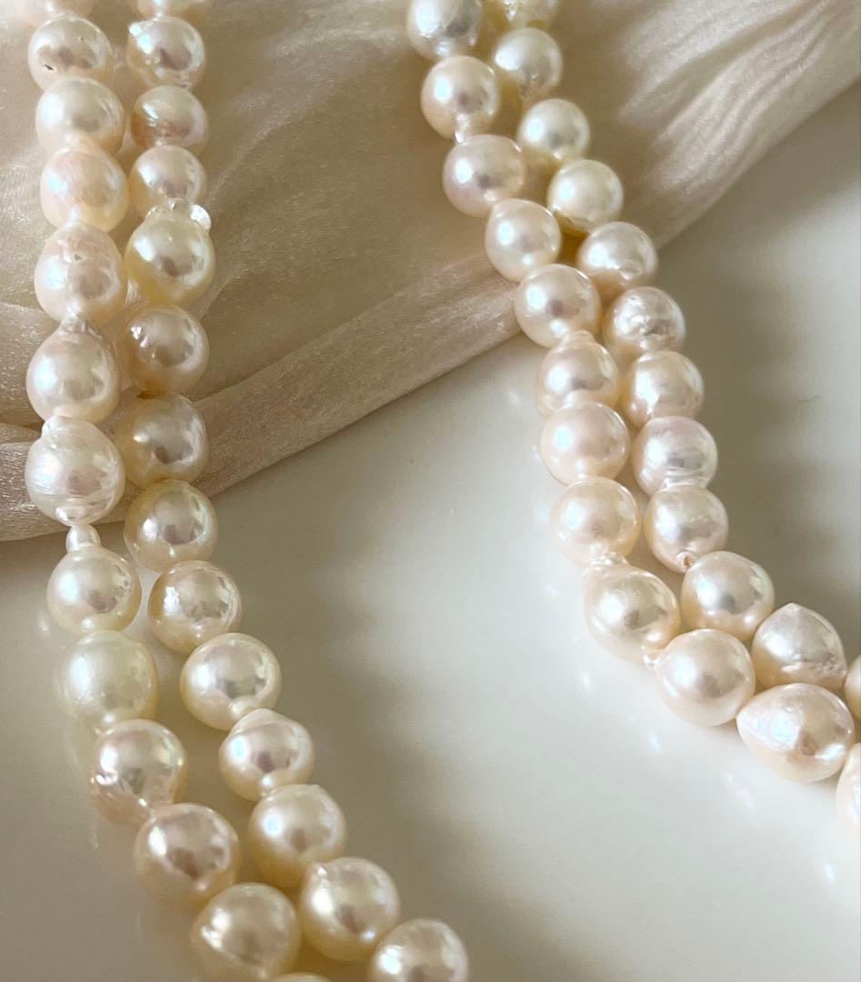Akoya pearl ultra long necklace with 6.5-7mm off white pearls measuring 162cm in length featuring 2-3 strands