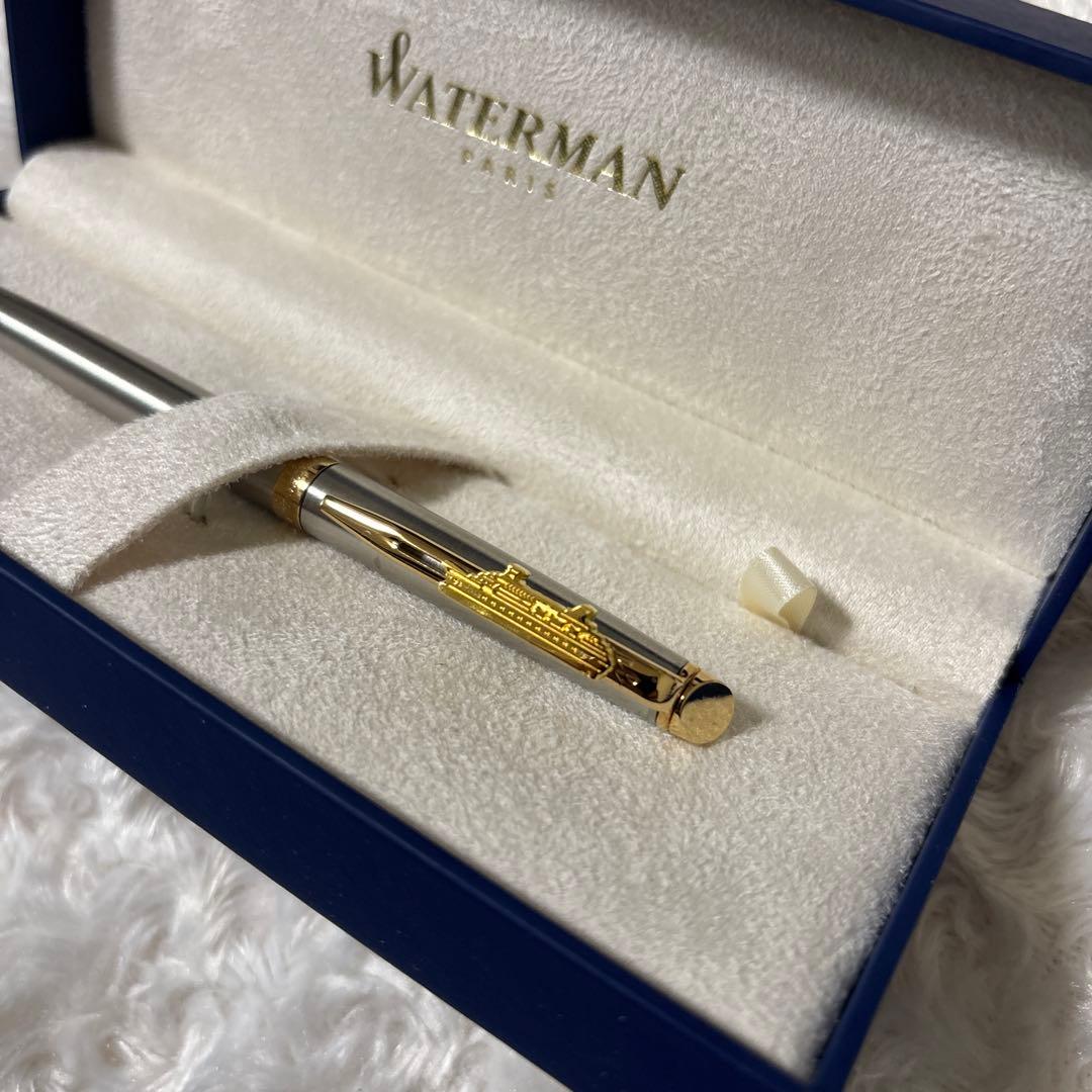 WATERMAN silver metal ballpoint pen with gold decorations and dedicated case featuring boat design