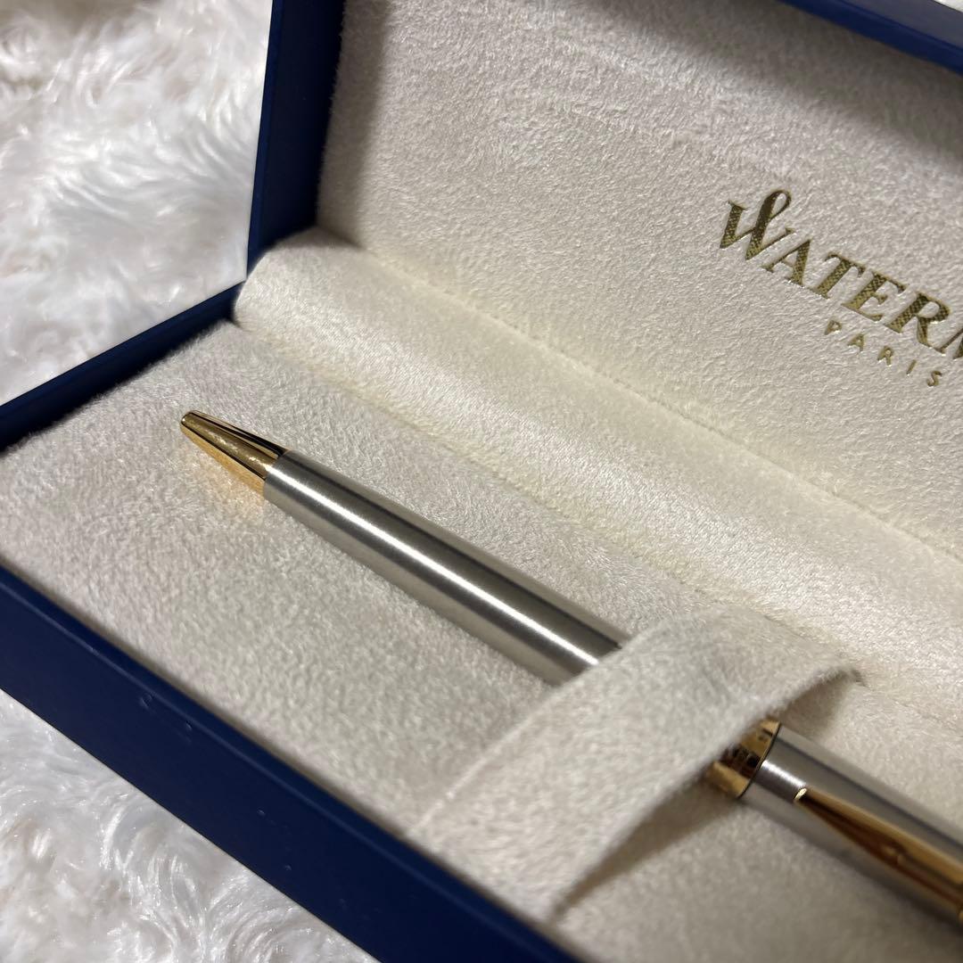 WATERMAN silver metal ballpoint pen with gold decorations and dedicated case featuring boat design