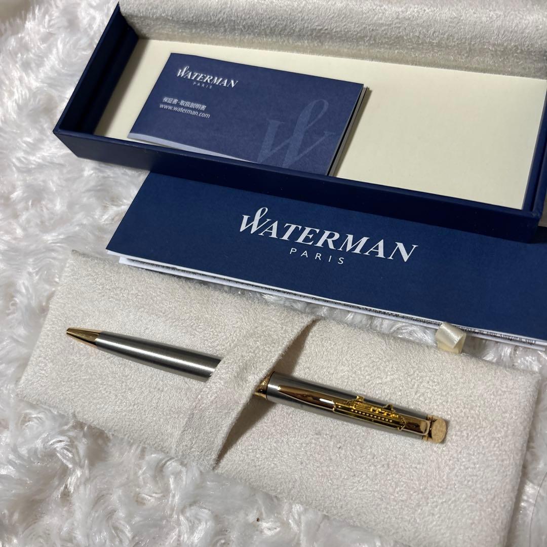 WATERMAN silver metal ballpoint pen with gold decorations and dedicated case featuring boat design