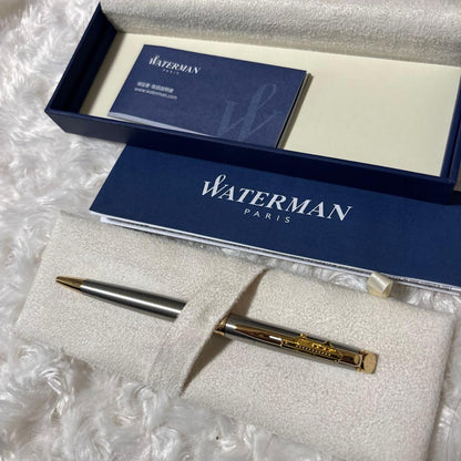 WATERMAN silver metal ballpoint pen with gold decorations and dedicated case featuring boat design