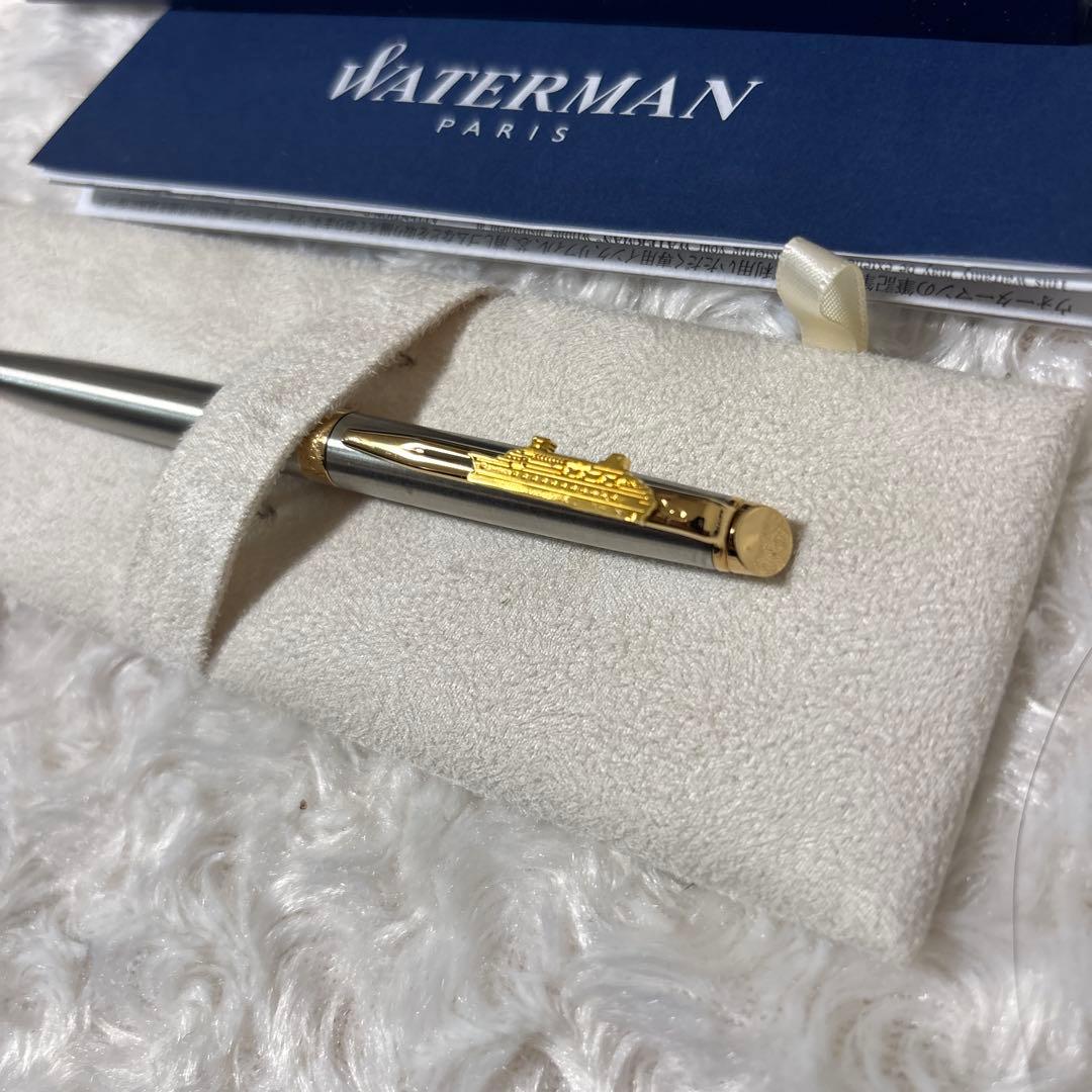 WATERMAN silver metal ballpoint pen with gold decorations and dedicated case featuring boat design
