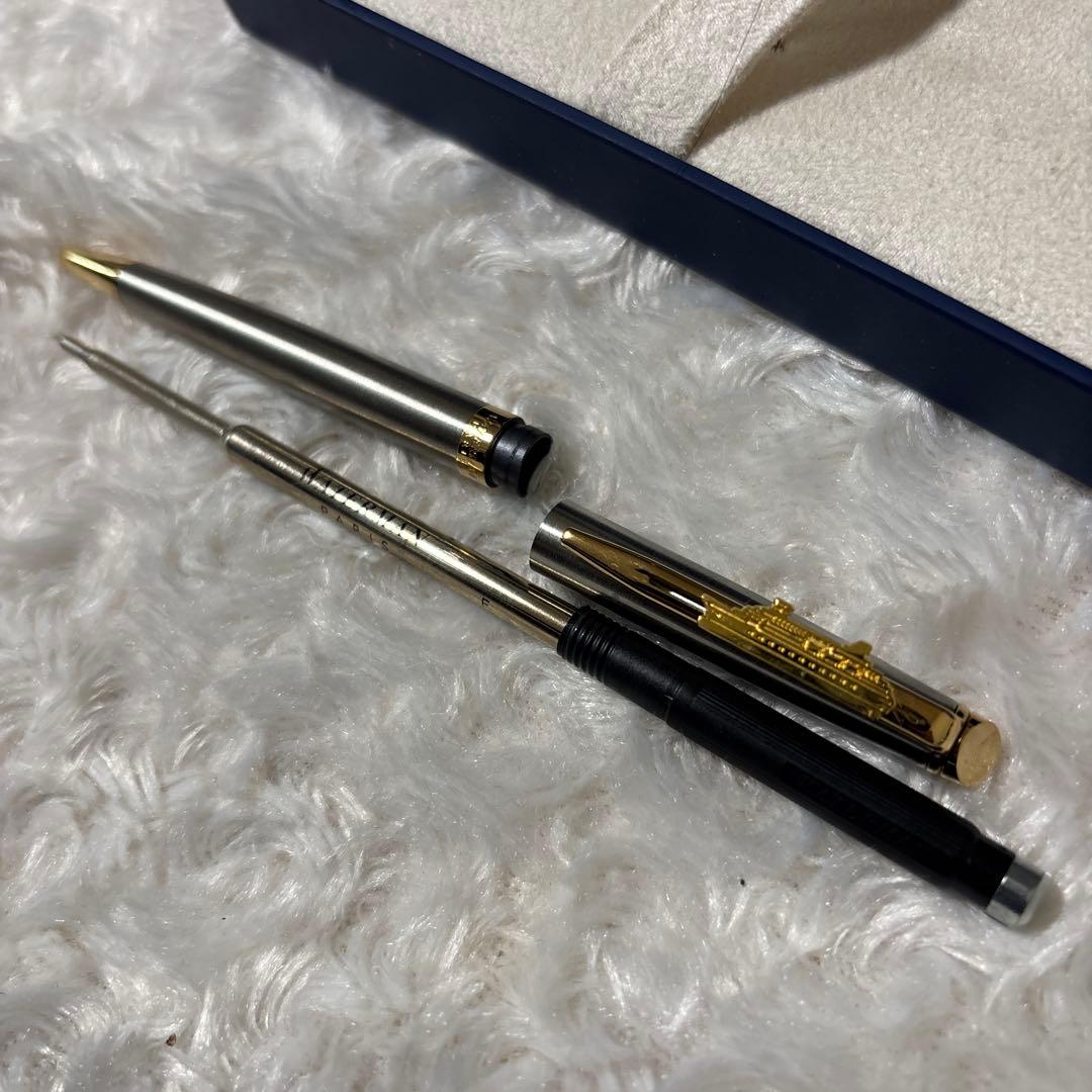 WATERMAN silver metal ballpoint pen with gold decorations and dedicated case featuring boat design