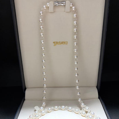 TASAKI Pearls Vari Aoyama 120cm pearl necklace with crystal clasp and silver marking on white background
