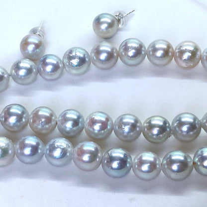 Akoya pearl necklace and earrings set with blue-grey nearly round pearls on silver 925 chain
