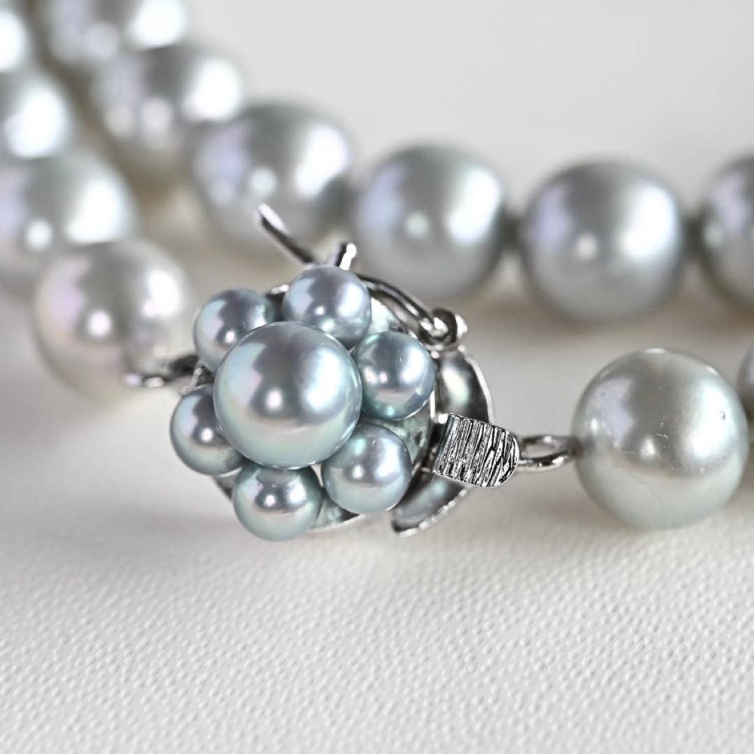 Tasaki Natural Blue Akoya Pearl Necklace 41 cm length with round pearls and silver clasp on white background