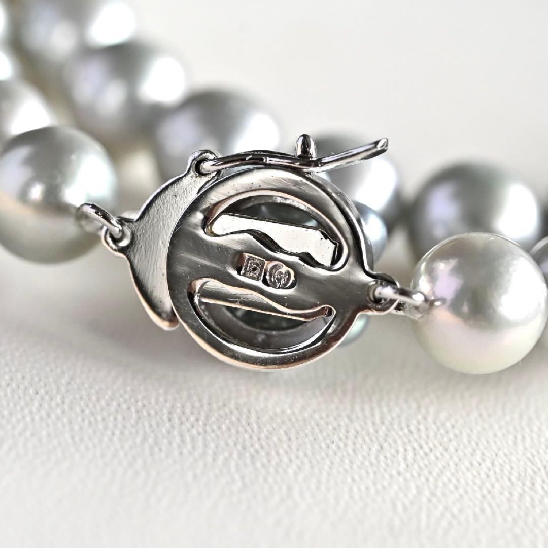 Tasaki Natural Blue Akoya Pearl Necklace 41 cm length with round pearls and silver clasp on white background