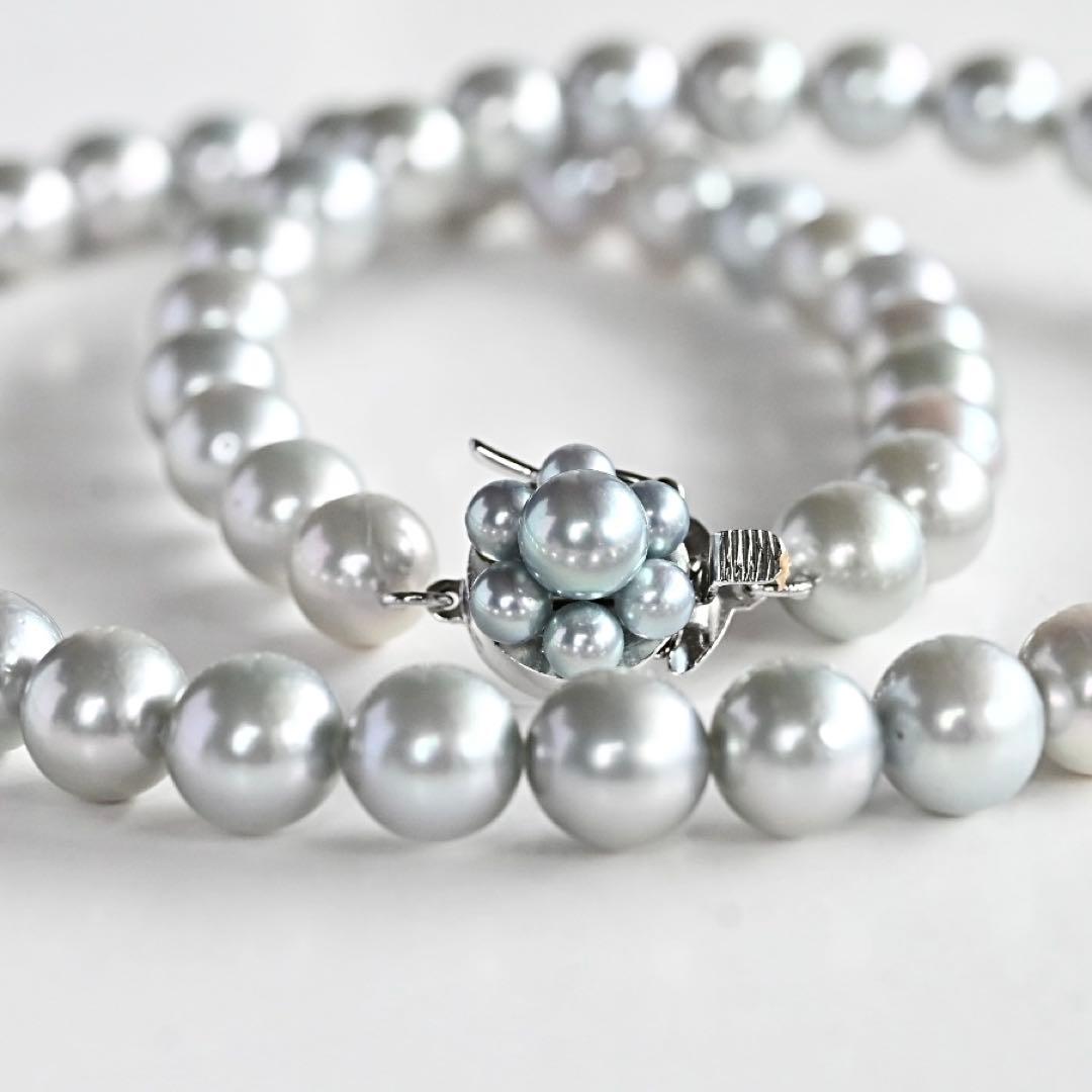 Tasaki Natural Blue Akoya Pearl Necklace 41 cm length with round pearls and silver clasp on white background
