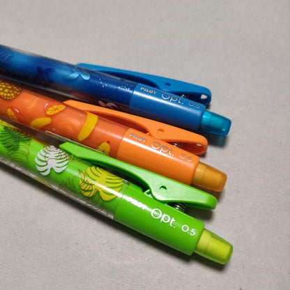 Set of 3 PILOT Opt mechanical pencils with Hawaiian Fruit, Monstera, and Honu patterns from the Aloha Collection