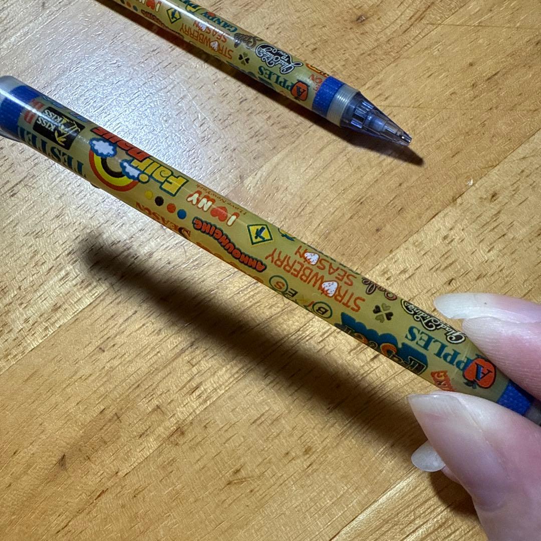 PILOT mechanical pencil in yellow with blue clip featuring a colorful fruit motif design