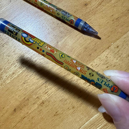 PILOT mechanical pencil in yellow with blue clip featuring a colorful fruit motif design