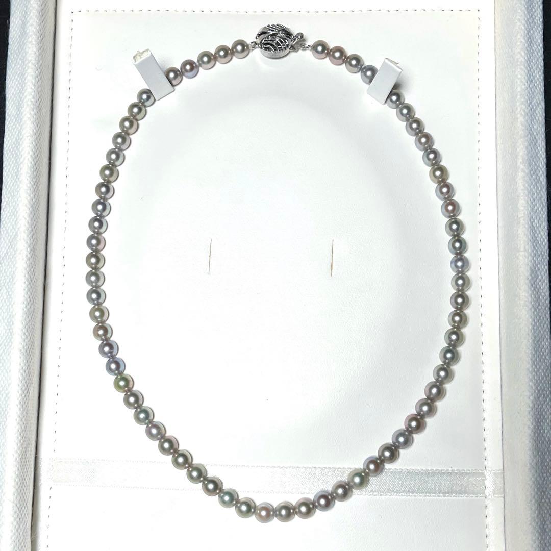 Gray Akoya pearl necklace 6.0-6.4mm round pearls 43 cm length with silver stamp