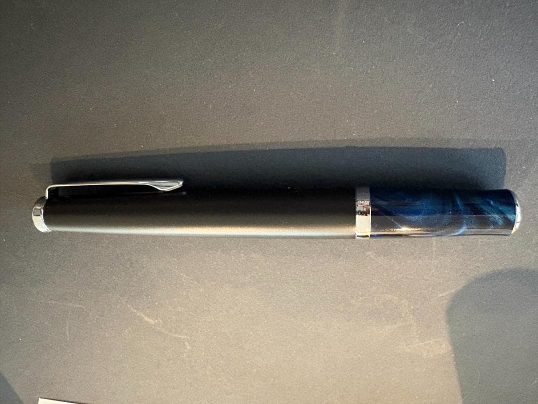Pilot Timeline Eternal Blue BTL-5SR-ETL pen with matte black body and blue marble patterned grip