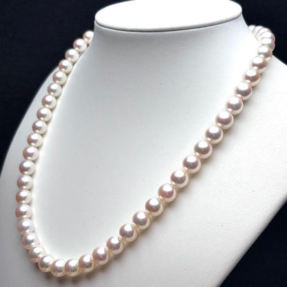 Aurora Rosé Akoya Pearl Necklace with 8.0mm large white pearls and silver clasp, 42cm length