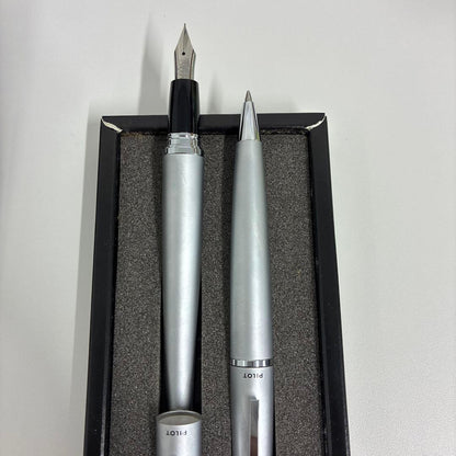PILOT silver fountain pen and ballpoint pen set showing both pens side by side