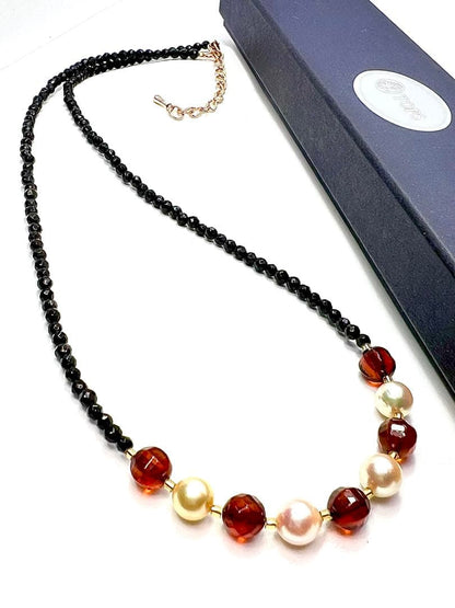 Amber and Akoya pearl gold necklace with black tourmaline beads, 48cm adjustable length