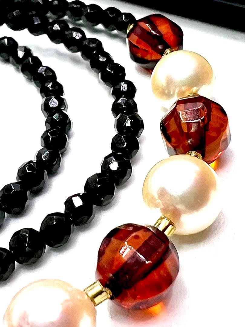 Amber and Akoya pearl gold necklace with black tourmaline beads, 48cm adjustable length