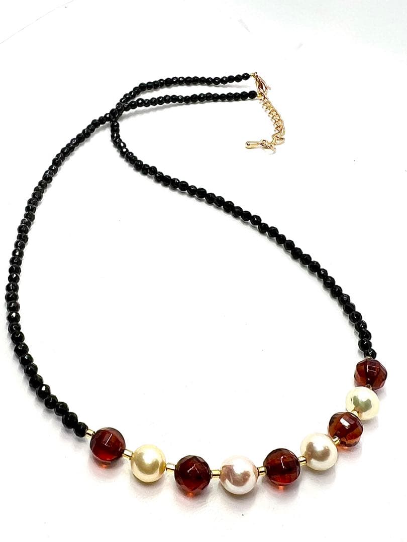 Amber and Akoya pearl gold necklace with black tourmaline beads, 48cm adjustable length