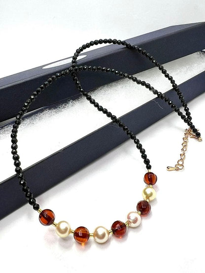 Amber and Akoya pearl gold necklace with black tourmaline beads, 48cm adjustable length