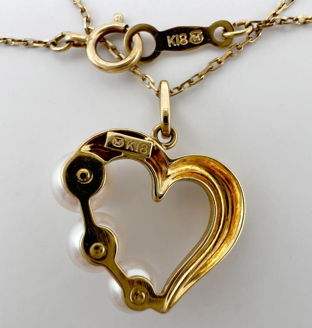 Mikimoto K18 yellow gold Akoya pearl heart pendant necklace with 40cm chain, weighing 3.03 grams