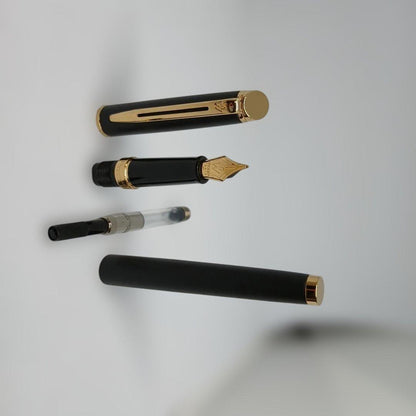 Waterman Matte Black Fountain Pen with fine nib and metal body displayed with case and instruction manual