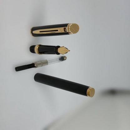 Waterman Matte Black Fountain Pen with fine nib and metal body displayed with case and instruction manual