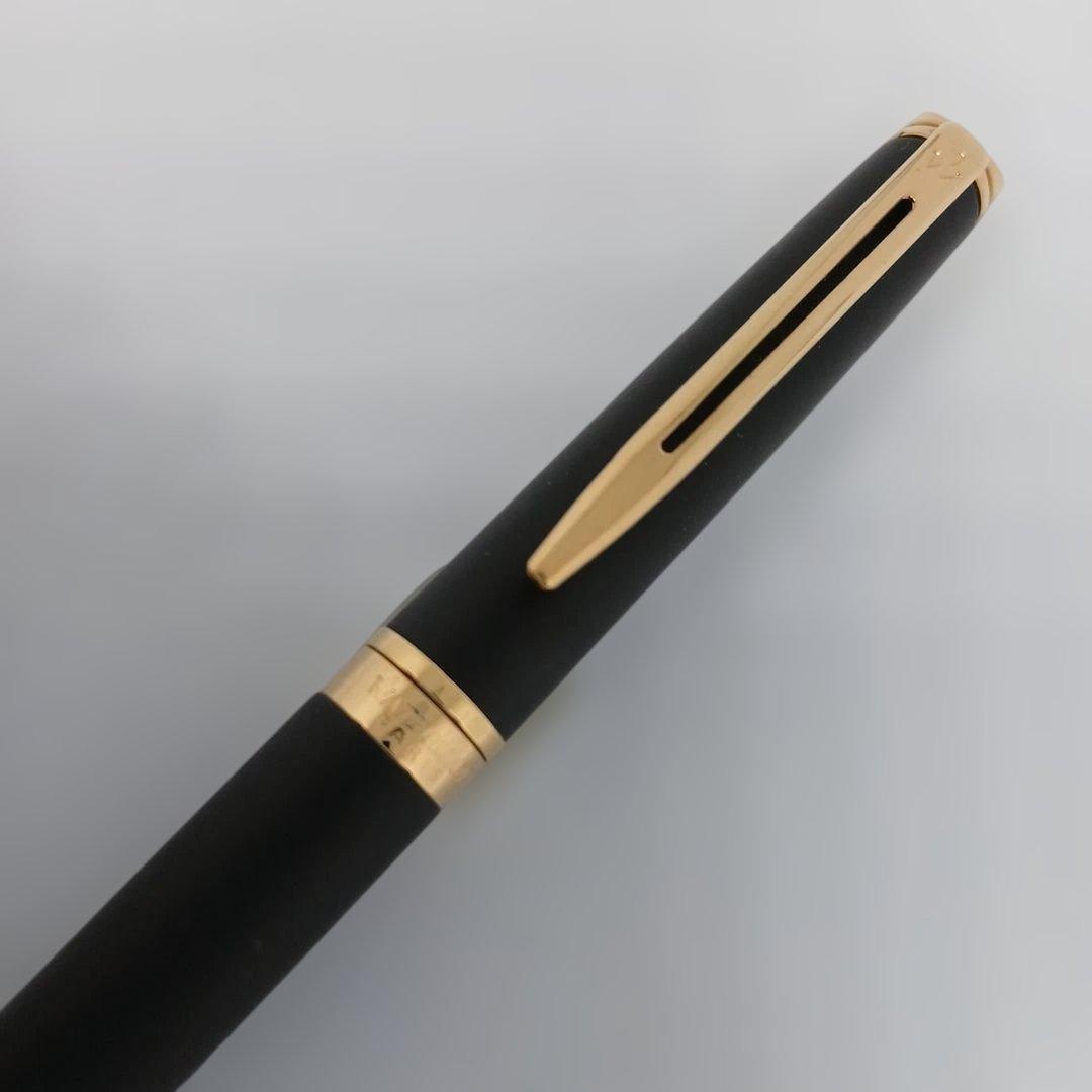 Waterman Matte Black Fountain Pen with fine nib and metal body displayed with case and instruction manual