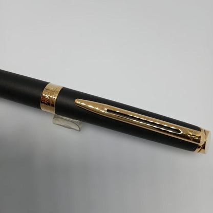Waterman Matte Black Fountain Pen with fine nib and metal body displayed with case and instruction manual