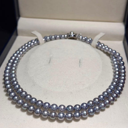 2-row Tasaki Akoya pearl necklace featuring blue gray pearls 6.5-7.0mm with strong luster and 84cm length