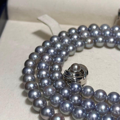 2-row Tasaki Akoya pearl necklace featuring blue gray pearls 6.5-7.0mm with strong luster and 84cm length