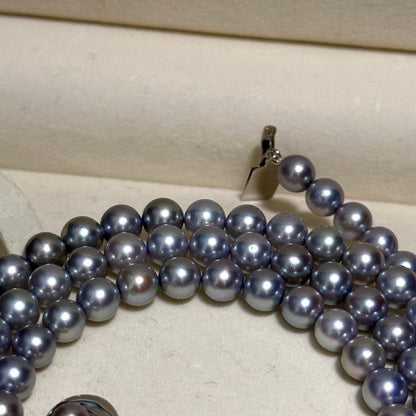 2-row Tasaki Akoya pearl necklace featuring blue gray pearls 6.5-7.0mm with strong luster and 84cm length