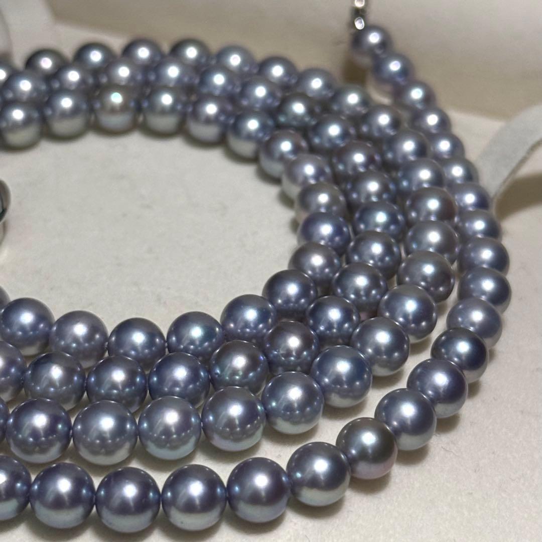 2-row Tasaki Akoya pearl necklace featuring blue gray pearls 6.5-7.0mm with strong luster and 84cm length