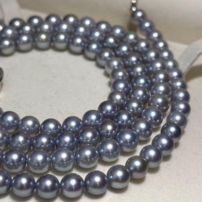 2-row Tasaki Akoya pearl necklace featuring blue gray pearls 6.5-7.0mm with strong luster and 84cm length