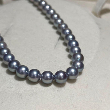 2-row Tasaki Akoya pearl necklace featuring blue gray pearls 6.5-7.0mm with strong luster and 84cm length