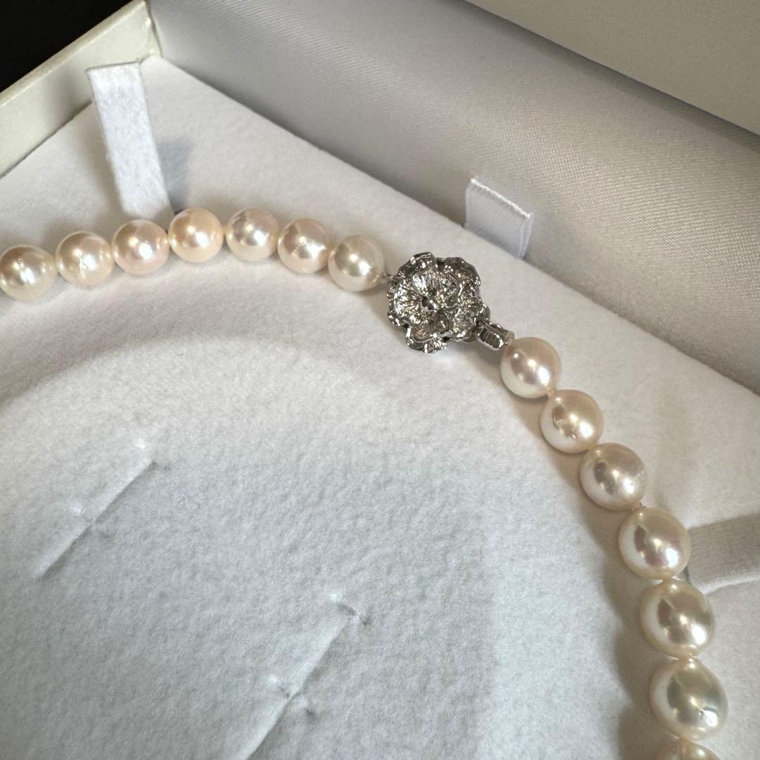 Akoya pearl necklace with white to pink pearls and silver metal fittings displayed on white background
