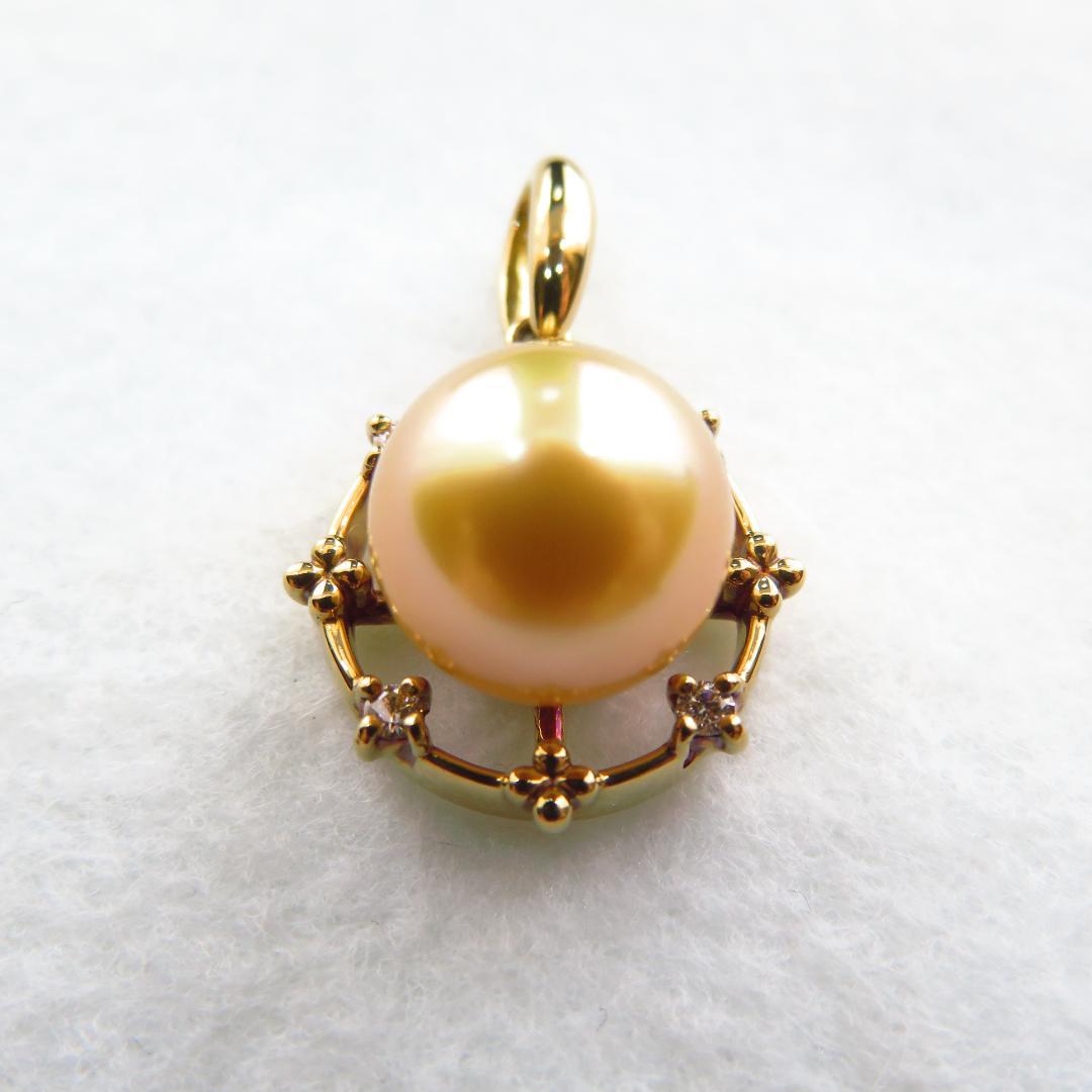 K18 pearl pendant top with 4 diamonds, 14.6mm diameter and 22mm overall length
