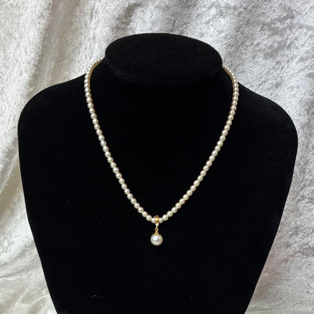 TASAKI pearl necklace with diamond charm in 18K gold, 39.5 cm length, displayed on white background