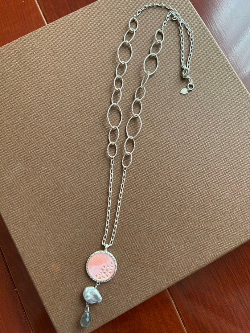 Agete silver necklace with 5 charms including pink stone, gray pearl, and labradorite on a 50cm chain