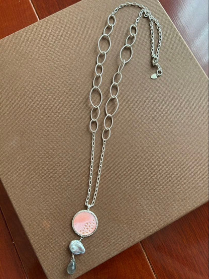 Agete silver necklace with 5 charms including pink stone, gray pearl, and labradorite on a 50cm chain