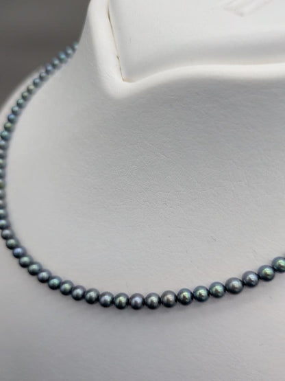 Akoya cultured pearl baby necklace with black peacock tone pearls and silver clasp on white background