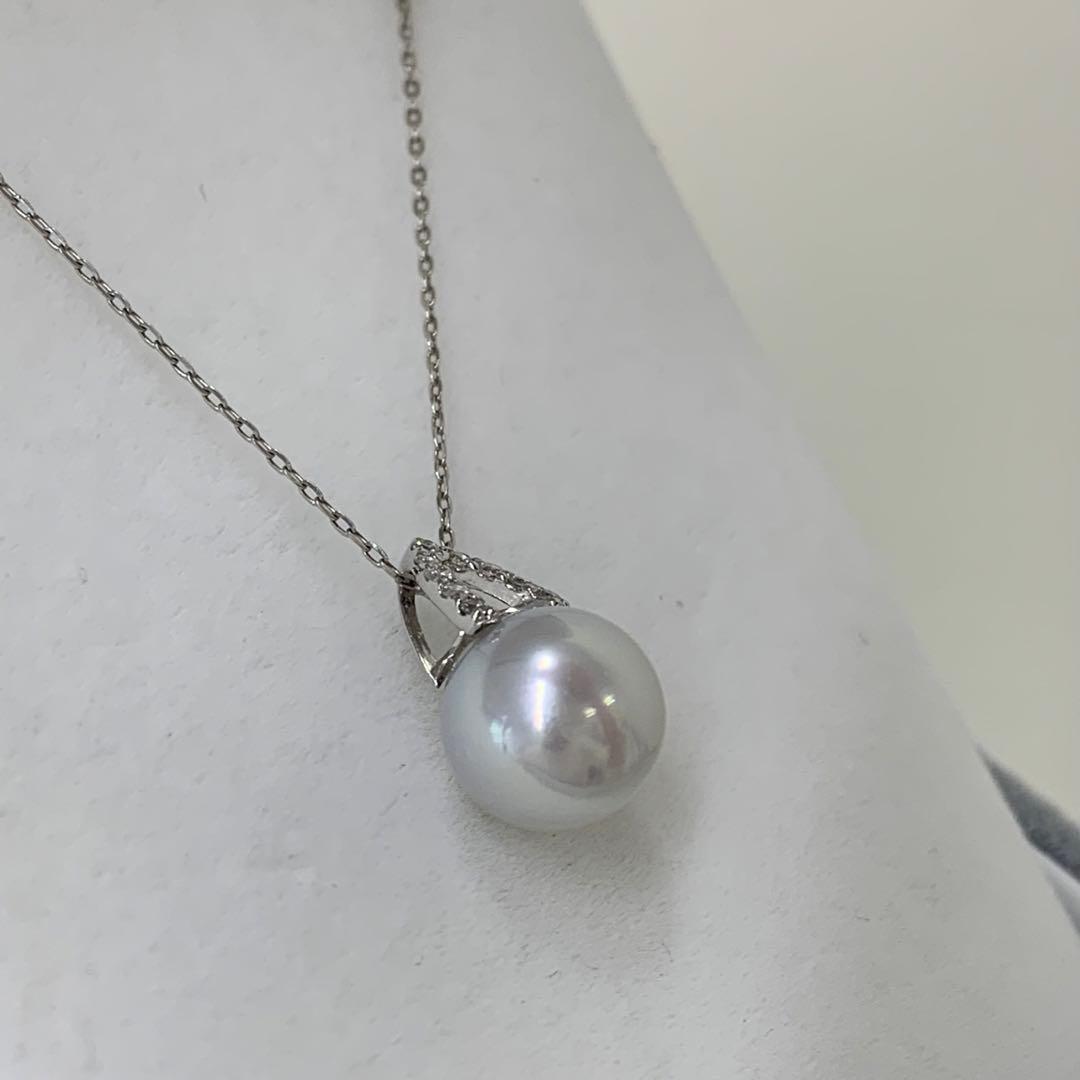 Rare unbleached Akoya pearl necklace with natural blue 8-8.5mm pearls and platinum chain with diamond engraving