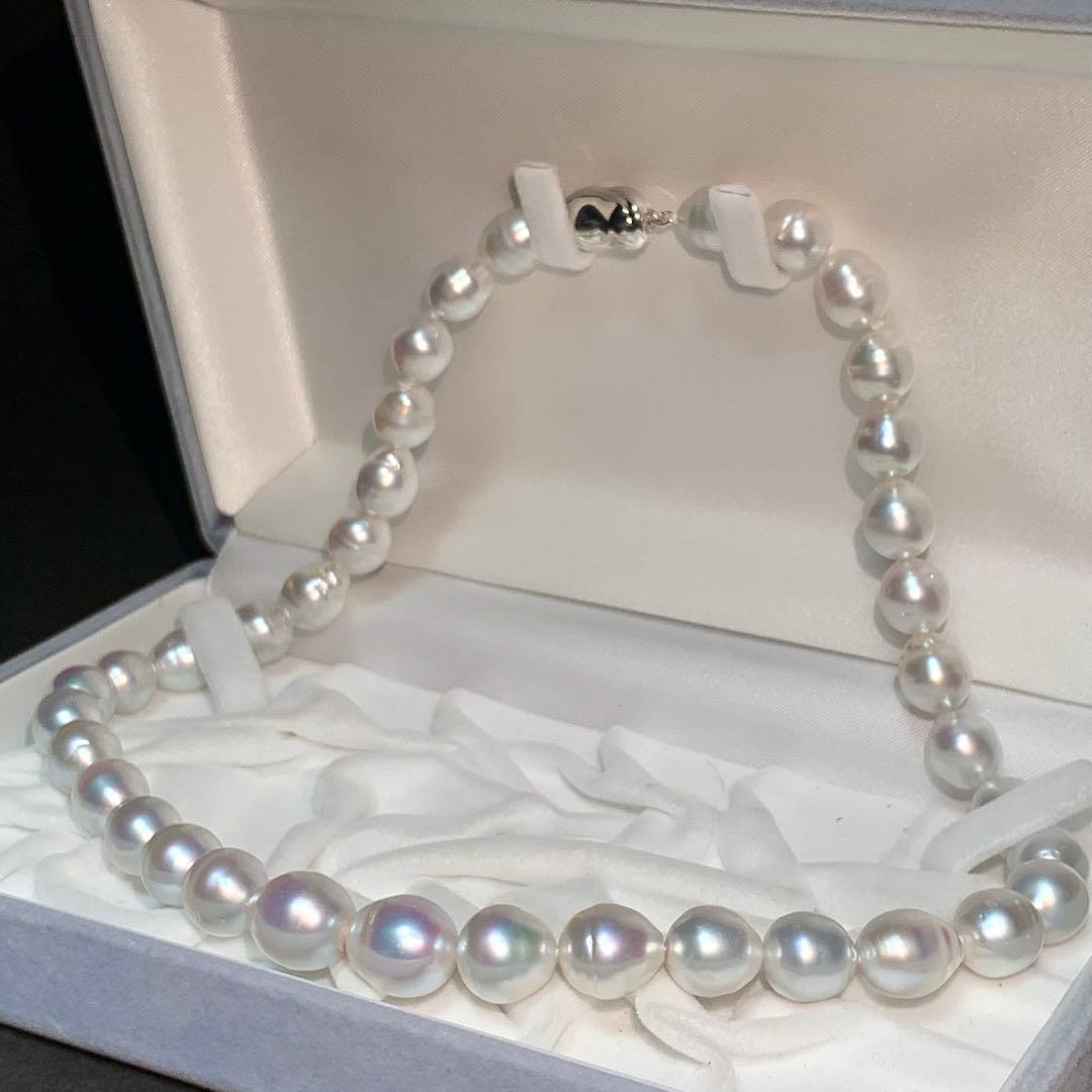White butterfly pearl necklace with 9-12mm pearls and a silver clasp displayed on a white background