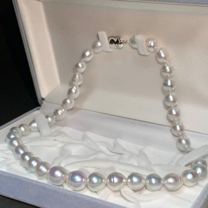 White butterfly pearl necklace with 9-12mm pearls and a silver clasp displayed on a white background