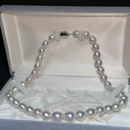 White butterfly pearl necklace with 9-12mm pearls and a silver clasp displayed on a white background