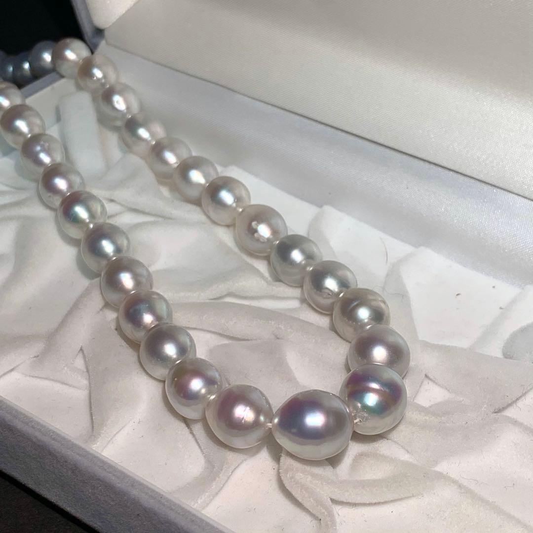 White butterfly pearl necklace with 9-12mm pearls and a silver clasp displayed on a white background