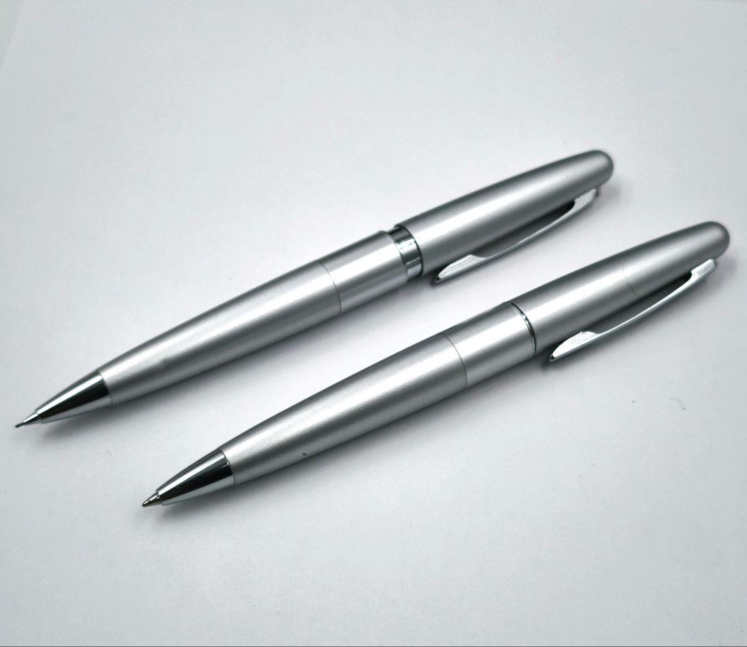 Silver Pilot ballpoint pen and mechanical pencil set with box, full length and lightweight design