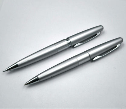 Silver Pilot ballpoint pen and mechanical pencil set with box, full length and lightweight design