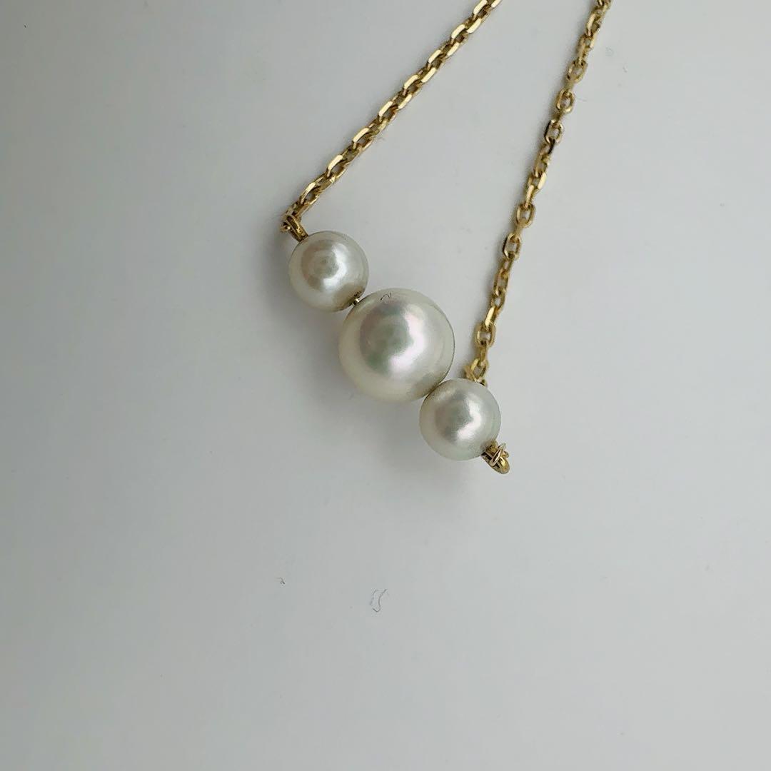 MIKIMOTO K18 necklace with 4.3 to 6.1 mm pearls, 38 cm length, displayed on white background