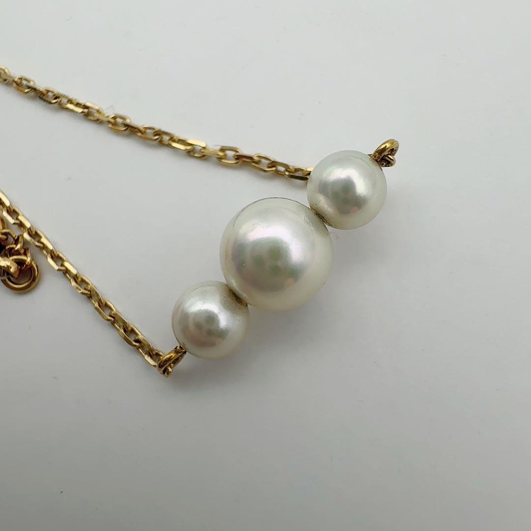 MIKIMOTO K18 necklace with 4.3 to 6.1 mm pearls, 38 cm length, displayed on white background