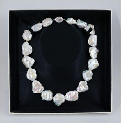 Baroque pearl necklace about 43cm long with natural white untinted pearls sized 18-27mm